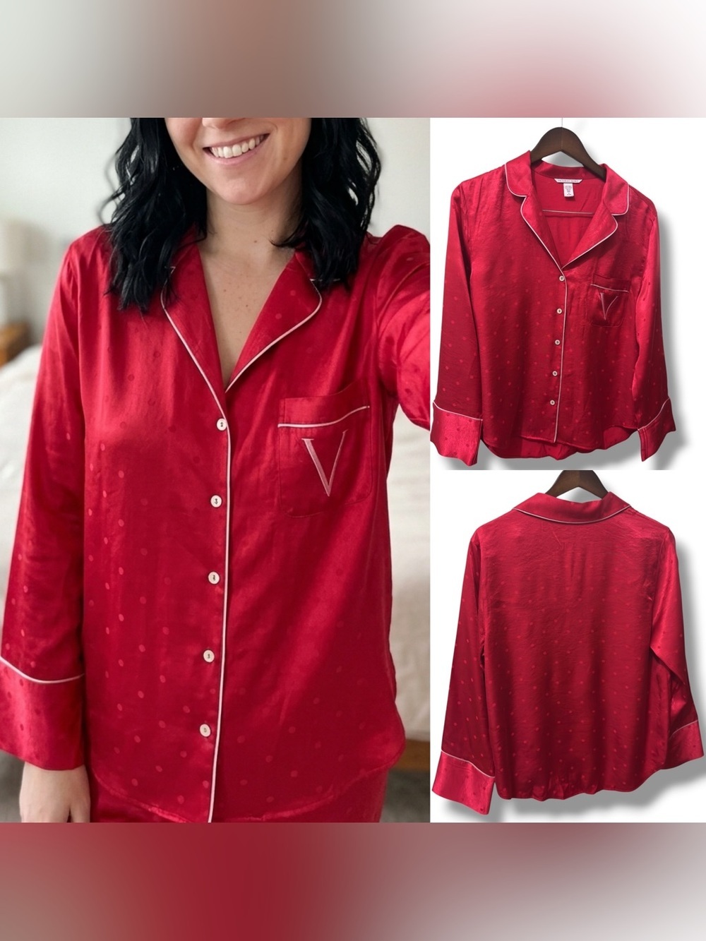 Victoria's Secret | EUC Red Polka Dot Satin Pajama Sleep Shirt Long Sleeve (M)